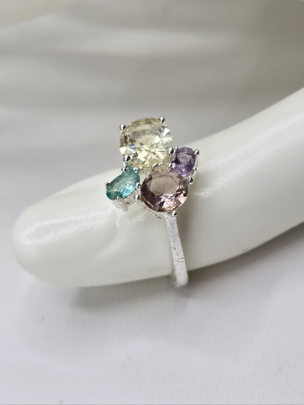 Swarovski Crystal Elements Silver Statement Ring Blue Purple Yellow Size 7.5 - Picture 2 of 7